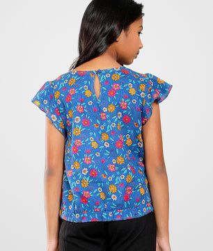 Girls Blue Printed Cotton Top