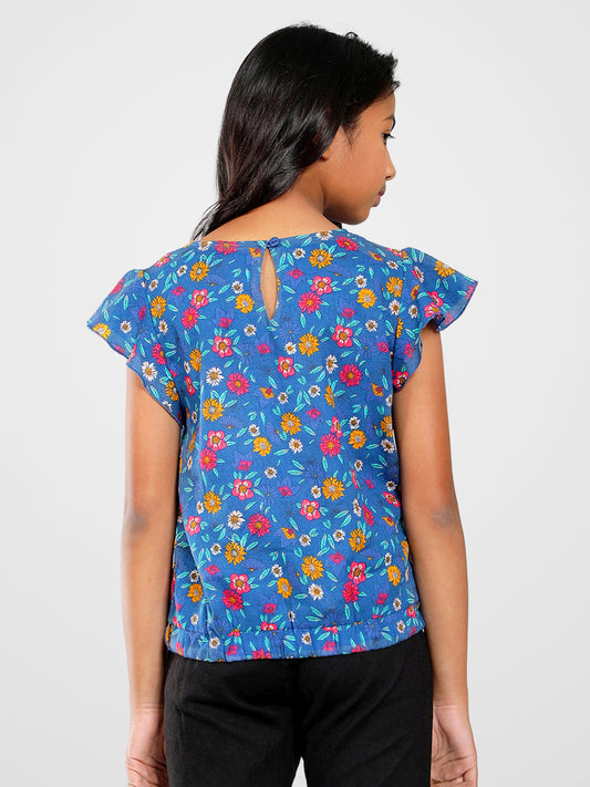 Girls Blue Printed Cotton Top