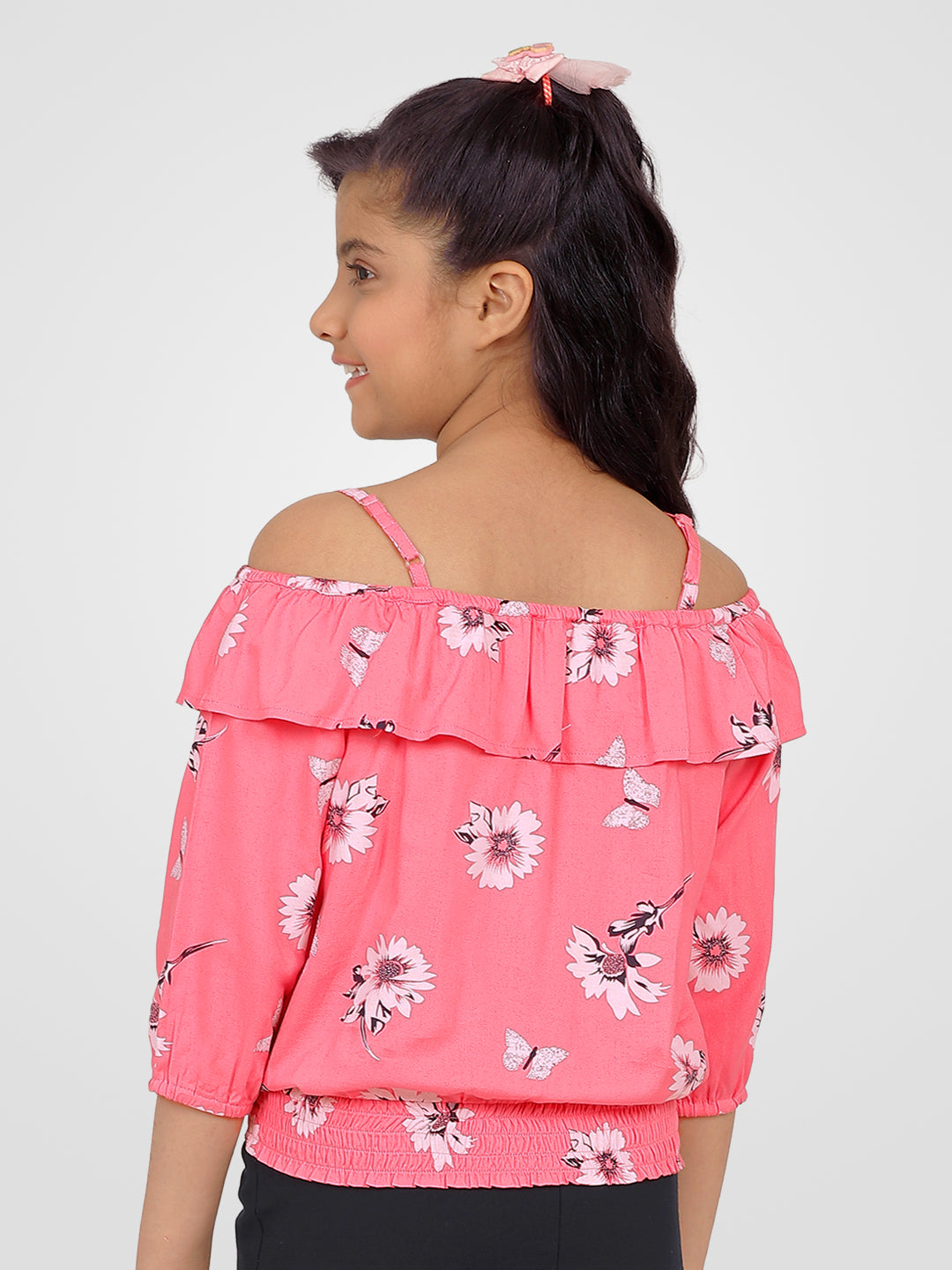 Girls Pink Printed Blouson Top