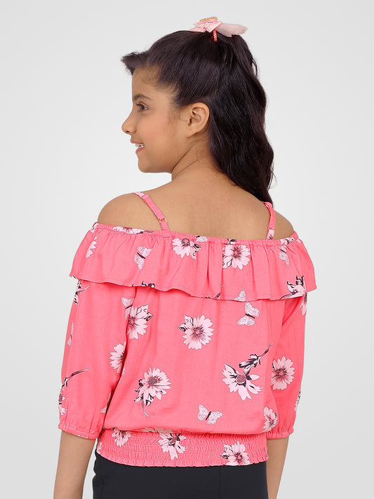 Girls Pink Printed Blouson Top