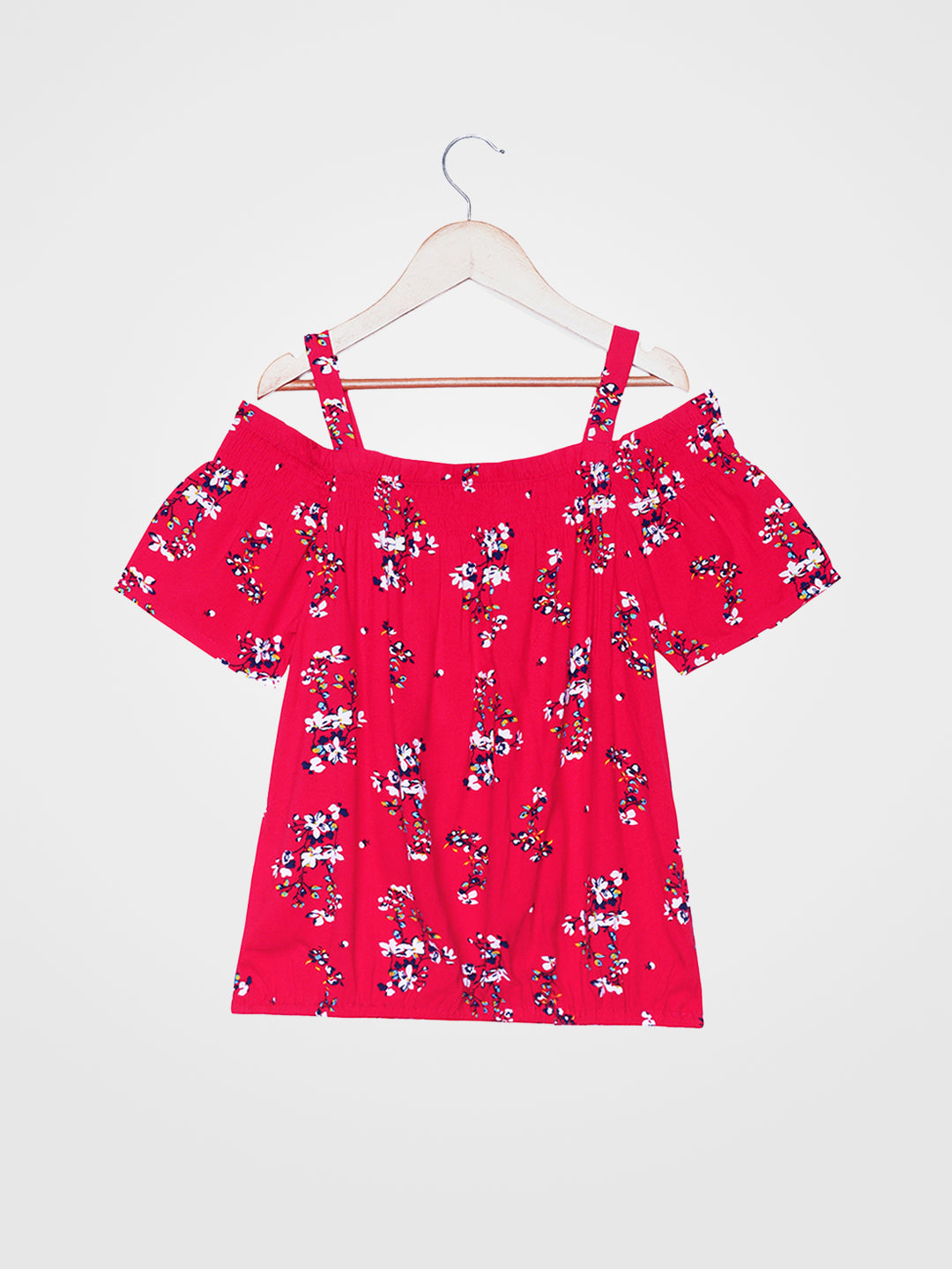Girls Cold Shoulder Top in Red Printed Rayon