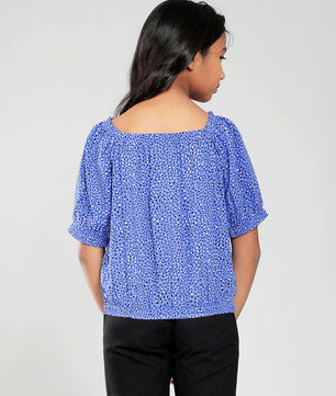 Girls Blue Printed Rayon Top