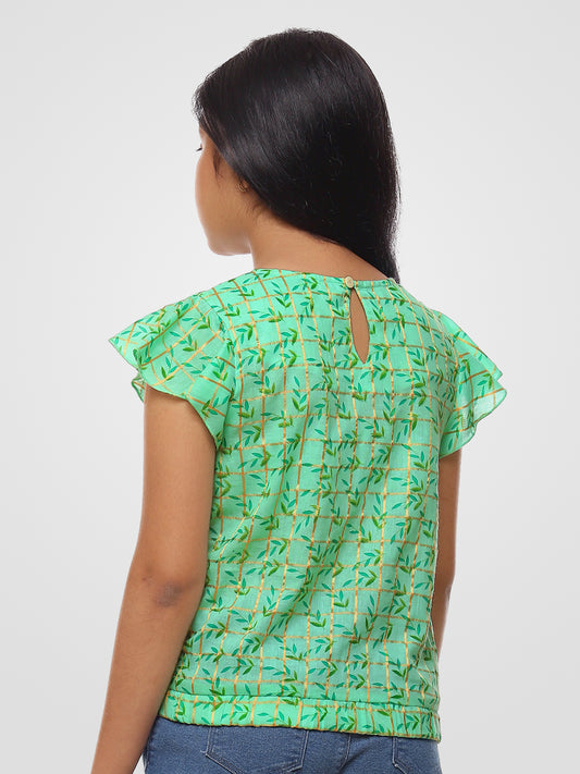 Girls Sea Green Printed Cotton