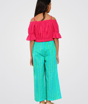 Girls Pink and Green Cotton Top & Palazzo Set