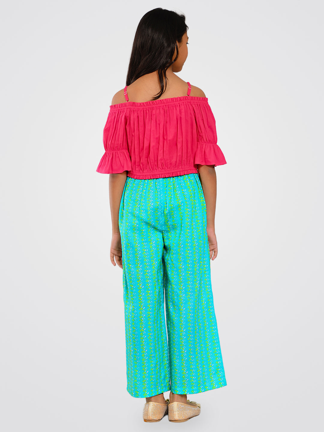 Girls Pink and Green Cotton Top & Palazzo Set