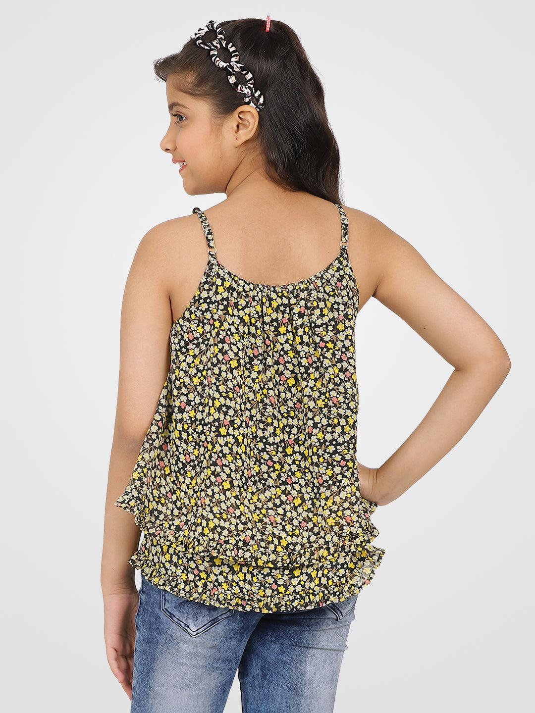 Girls Black Printed Georgette Top