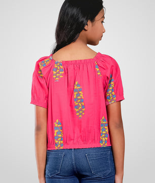 Girls Pink Printed Cotton Top