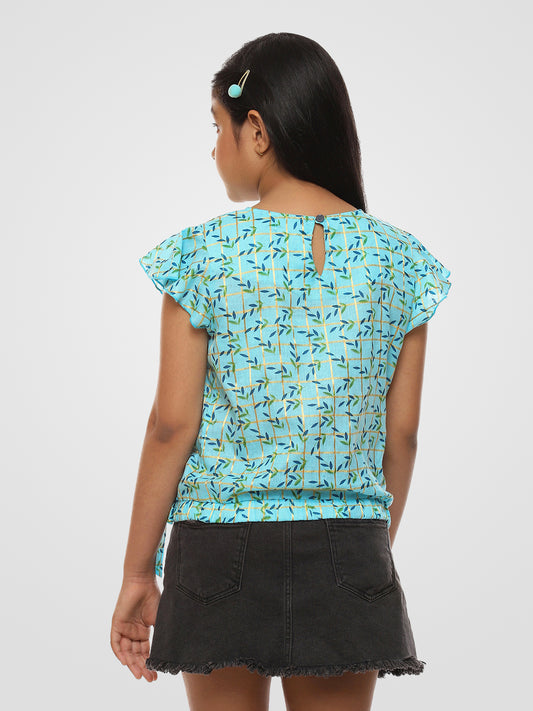 Girls Blue Printed Cotton Top