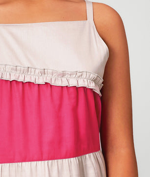 Girls Color Blocked Dress in Glazed Cotton