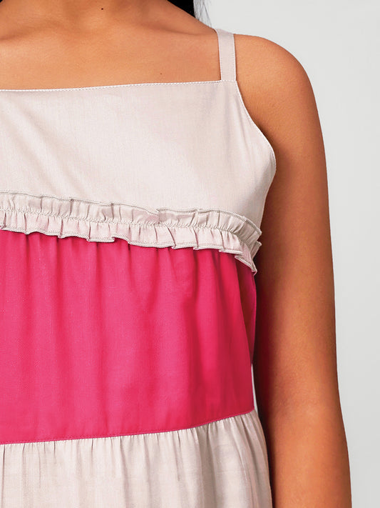 Girls Color Blocked Dress in Glazed Cotton