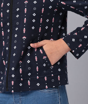 Girls Navy Blue Printed Flannel Jacket