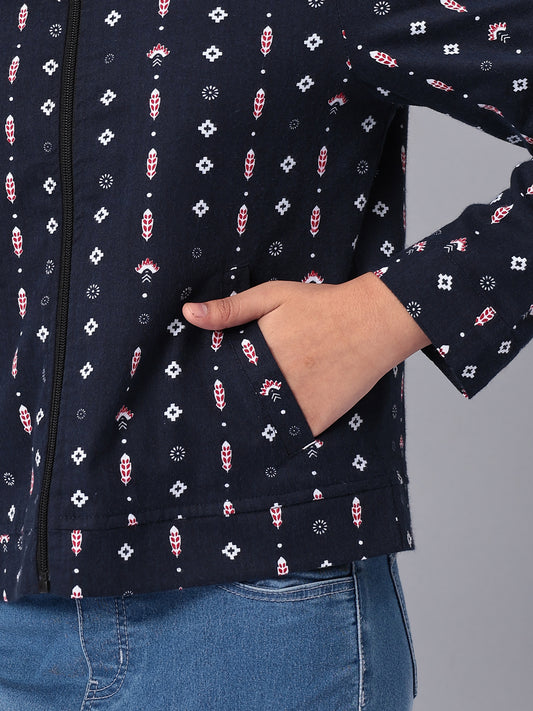 Girls Navy Blue Printed Flannel Jacket