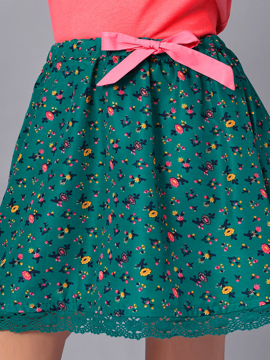 Girls Green Printed Flared Skirt