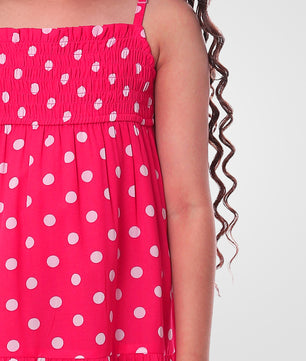 Girls Pink Polka Dotted Tiered Dress