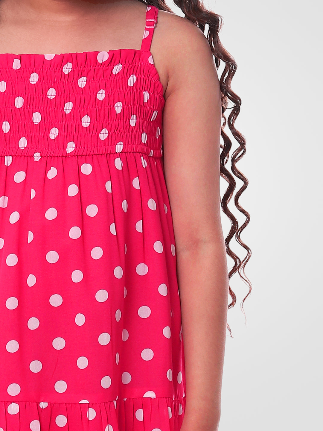 Girls Pink Polka Dotted Tiered Dress
