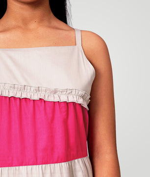 Girls Color Blocked Dress in Glazed Cotton