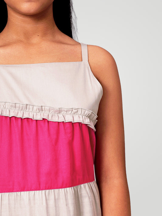 Girls Color Blocked Dress in Glazed Cotton