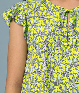 Girls Lemon Yellow Printed Cotton Top
