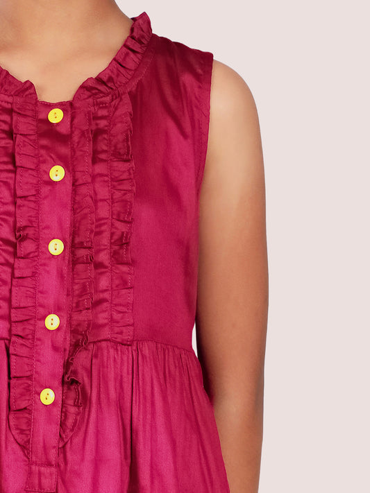 Girls Cotton Satin Dress in Wine Color