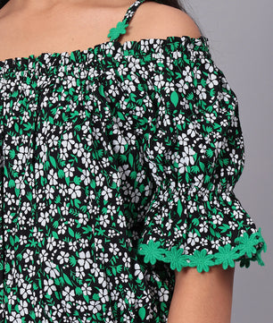 Girls Bardot Top in Green and Black Printed Rayon