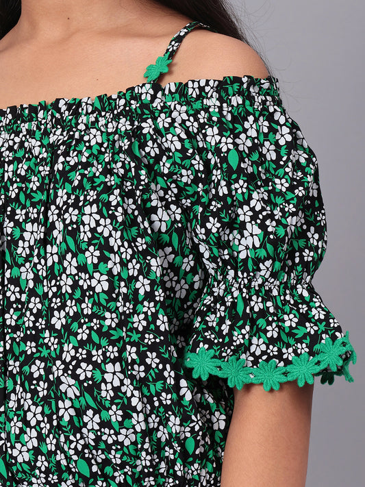 Girls Bardot Top in Green and Black Printed Rayon