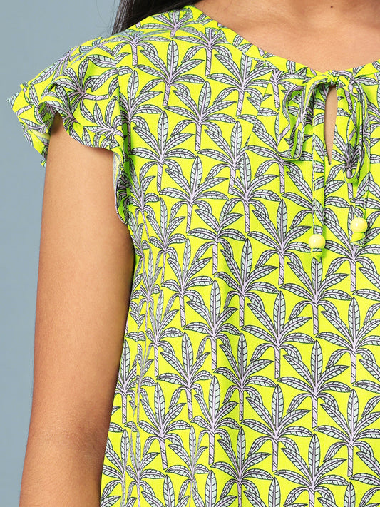 Girls Lemon Yellow Printed Cotton Top