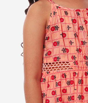Girls Printed Cotton Dress in Peach Color