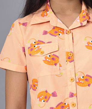 Girls Shirt Style Short Sleeves Printed Cotton Top