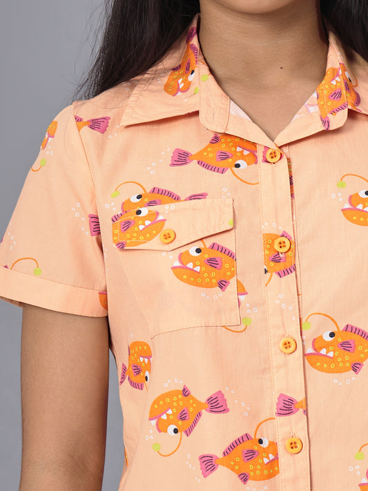 Girls Shirt Style Short Sleeves Printed Cotton Top