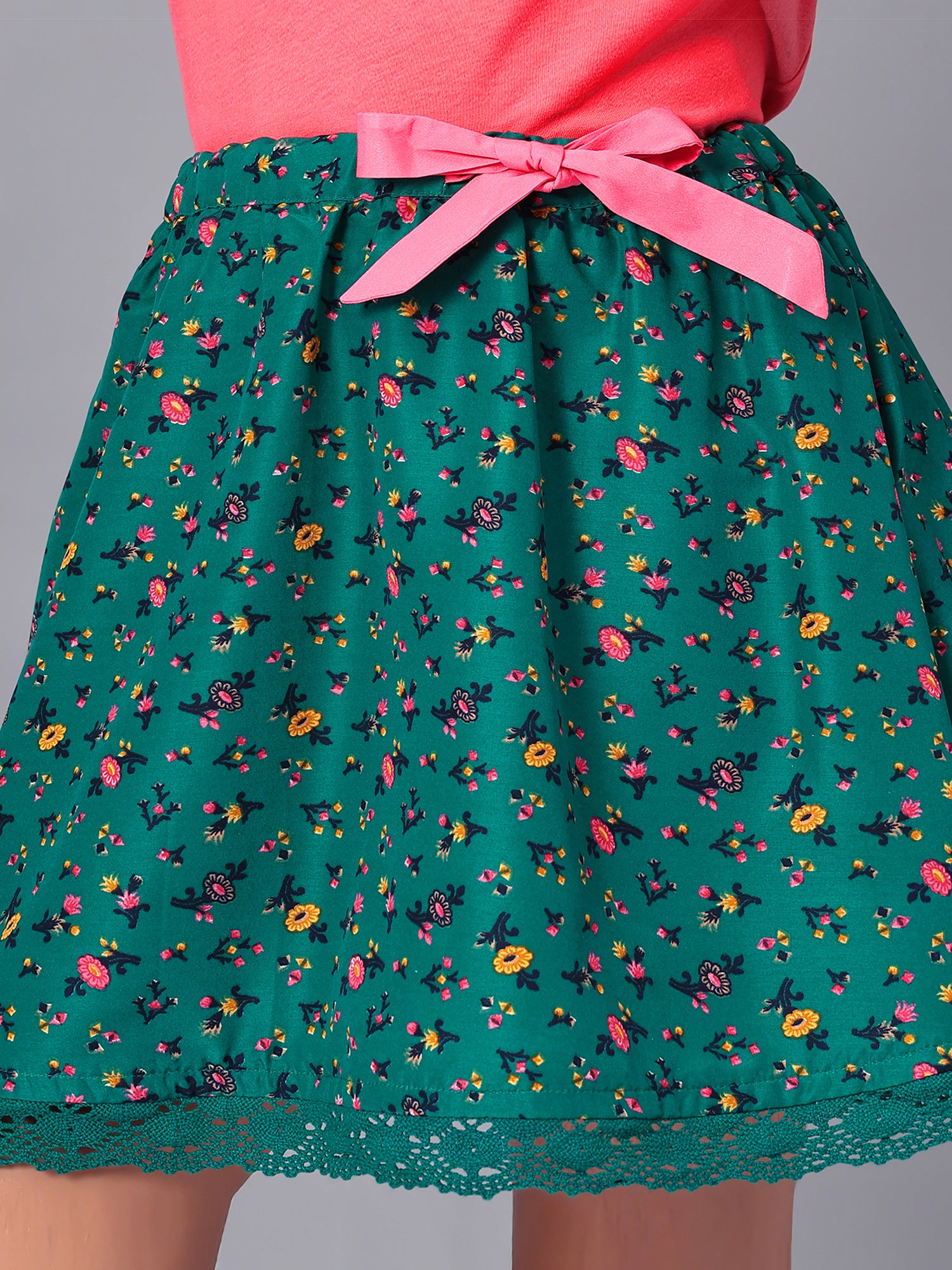 Girls Green Printed Flared Skirt