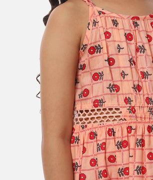 Girls Printed Cotton Dress in Peach Color