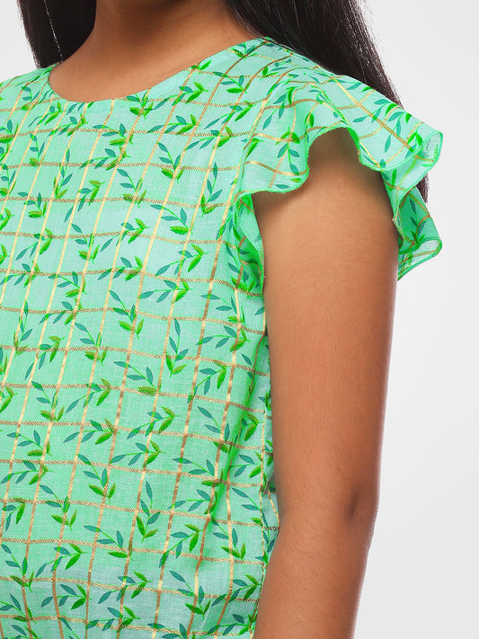Girls Sea Green Printed Cotton