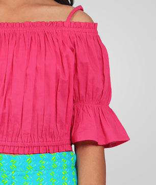 Girls Pink and Green Cotton Top & Palazzo Set