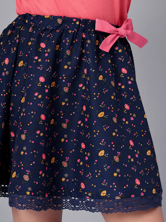 Girls Blue Printed Flared Skirt