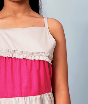 Girls Color Blocked Dress in Glazed Cotton