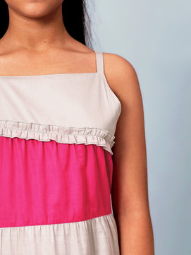 Girls Color Blocked Dress in Glazed Cotton