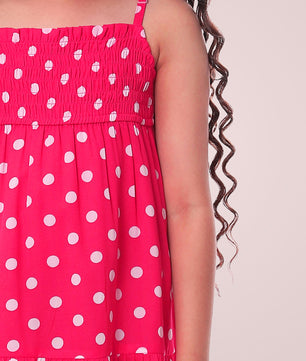 Girls Pink Polka Dotted Tiered Dress