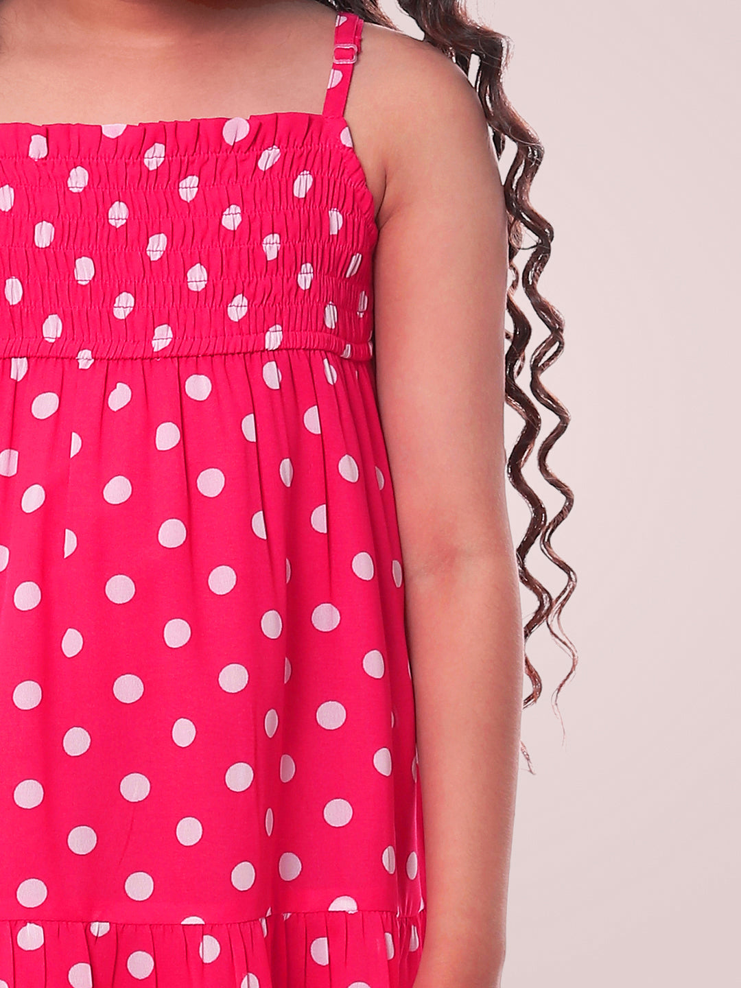 Girls Pink Polka Dotted Tiered Dress
