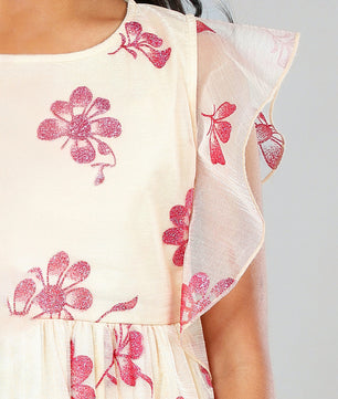 Girls Beige and Magenta Glitter Dress with Ruffles
