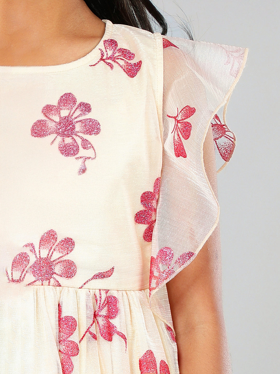 Girls Beige and Magenta Glitter Dress with Ruffles