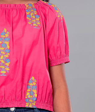 Girls Pink Printed Cotton Top