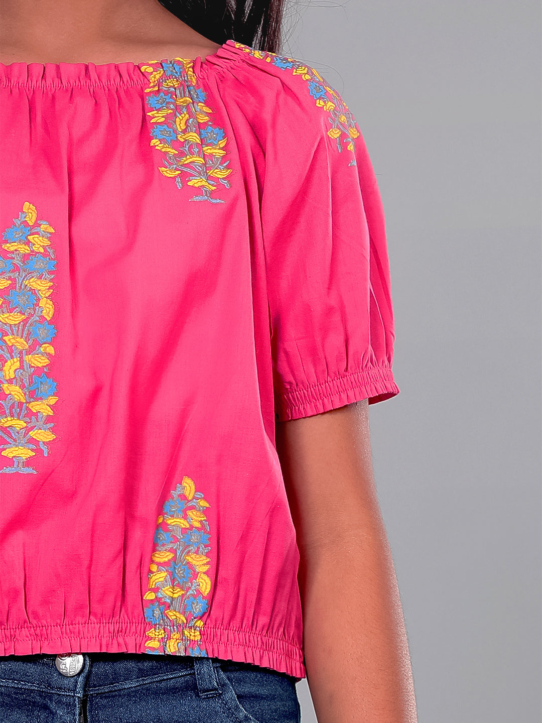Girls Pink Printed Cotton Top