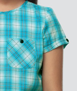 Girls Turquoise Blue Checked Cotton Top