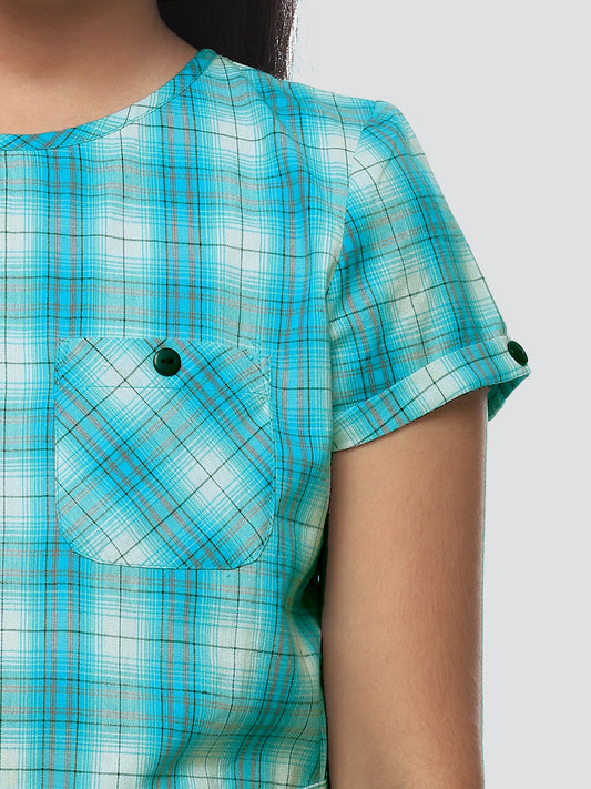 Girls Turquoise Blue Checked Cotton Top