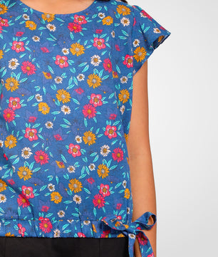 Girls Blue Printed Cotton Top