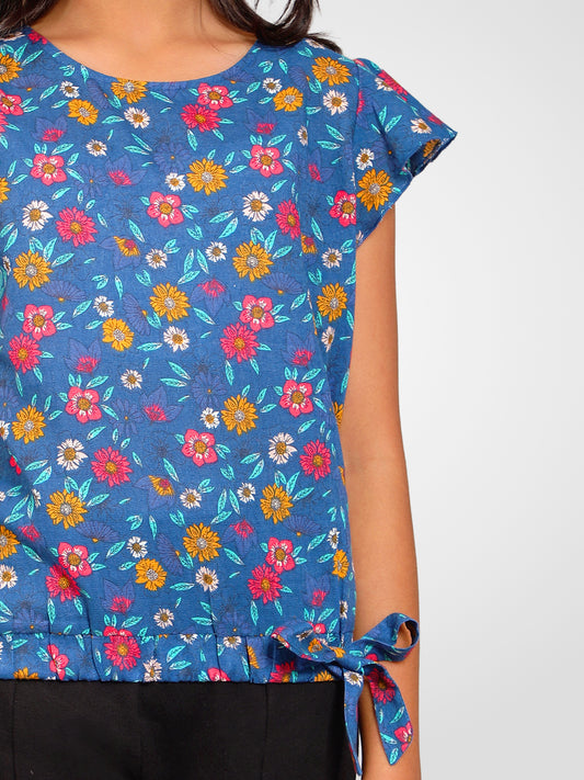 Girls Blue Printed Cotton Top