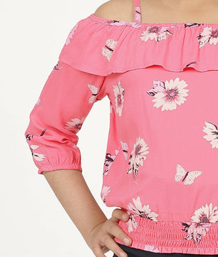 Girls Pink Printed Blouson Top