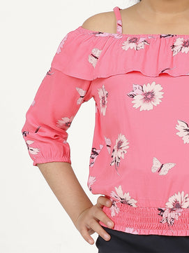 Girls Pink Printed Blouson Top