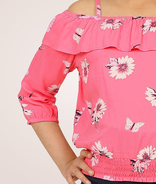 Girls Pink Printed Blouson Top