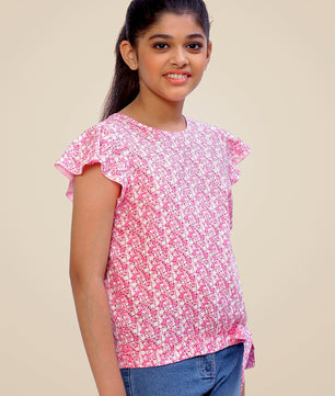 Girls Pink Printed Cotton Top